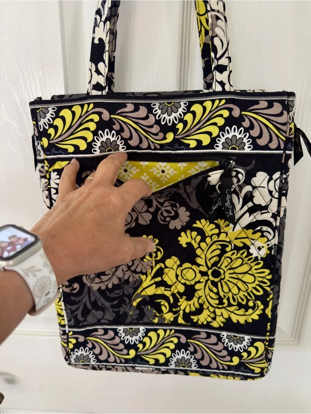 Vera Bradley Baroque Laptop Travel Tote with Yellow, Cream & Gray Floral Pattern